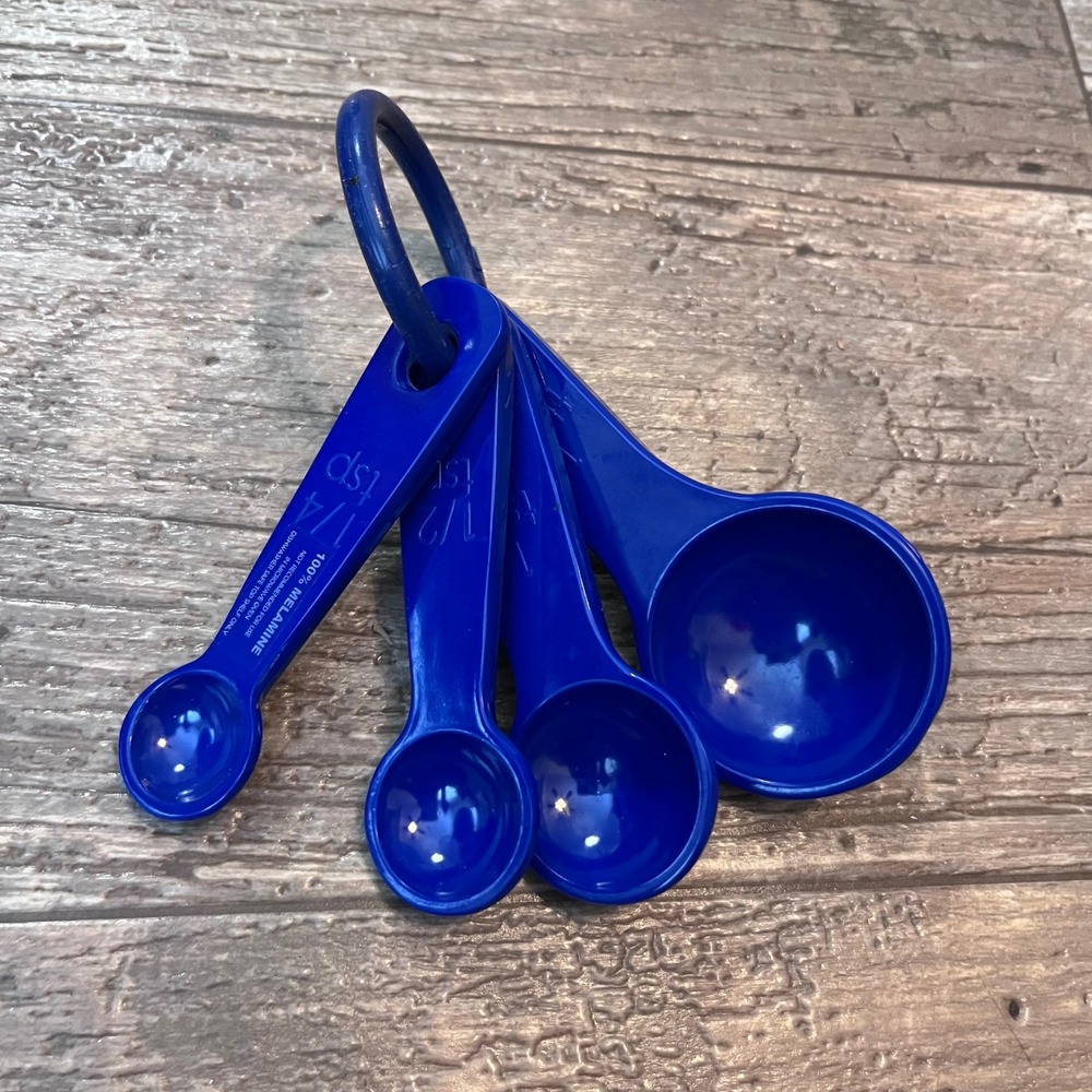 Blue Melamine Measuring Spoons Set of 4 Kitchen Baking Tools with Storage Ring